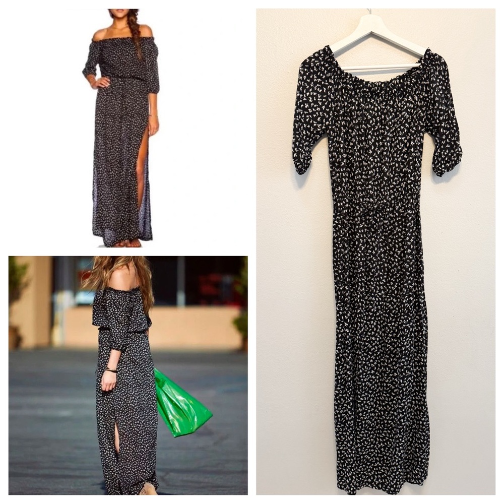 Auguste The Label off the shoulder ditsy floral maxi dress with slits/tie waist